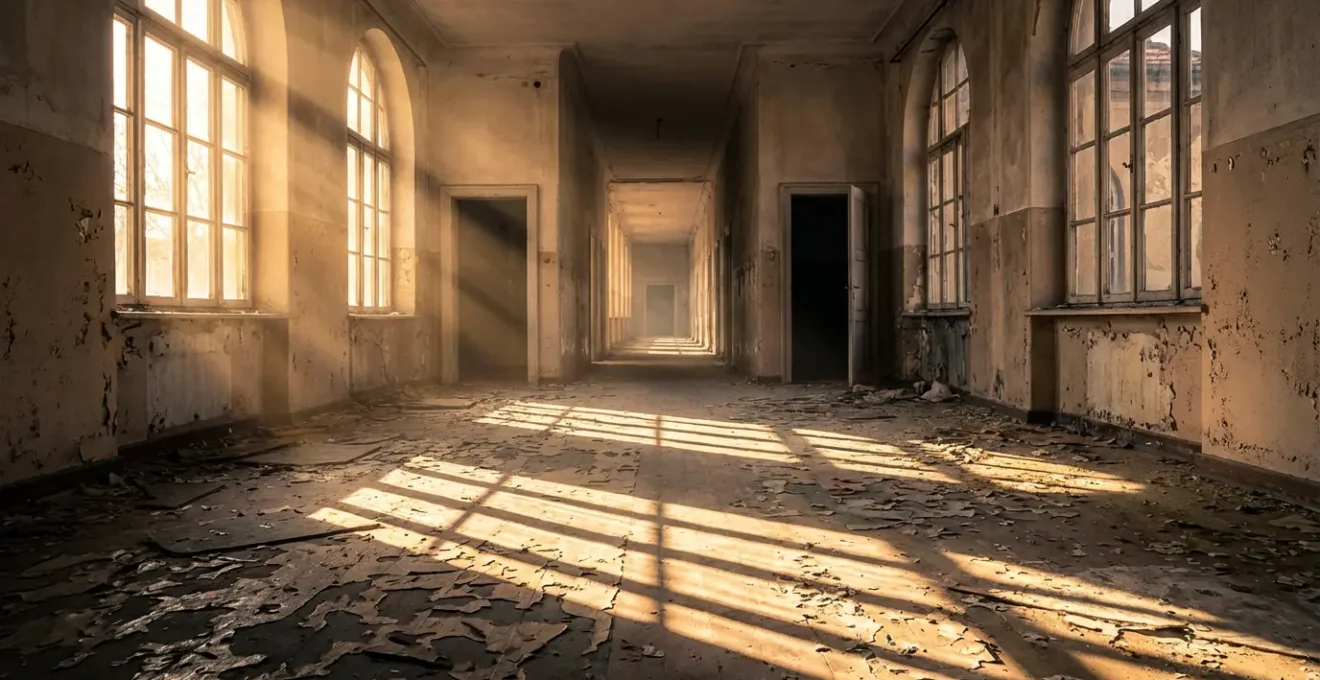 Dramatic interior of abandoned sanatorium with light streaming through tall windows