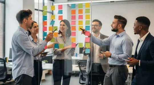 Cross-functional team collaborating around a visual board with sticky notes during sprint planning