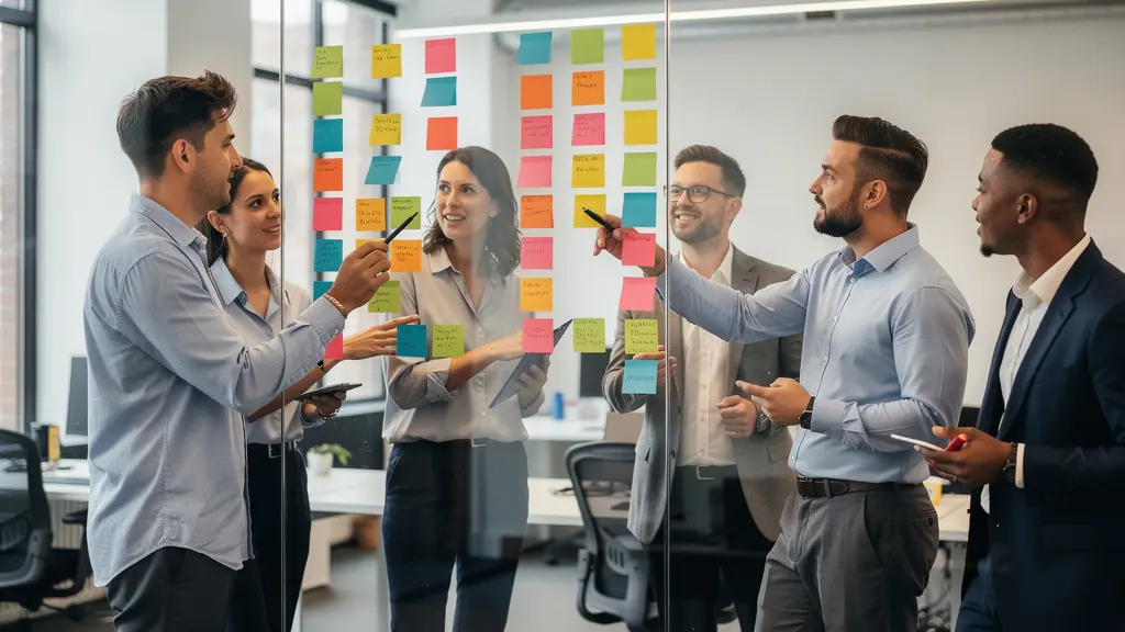 Cross-functional team collaborating around a visual board with sticky notes during sprint planning
