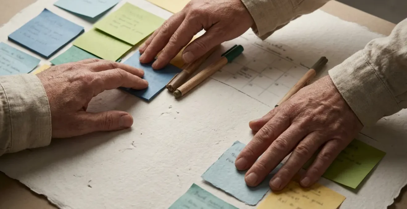A close-up of a travel planner showing a calendar with some days filled with 'anchor' activities and large empty spaces marked as 'voids' for spontaneous encounters.
