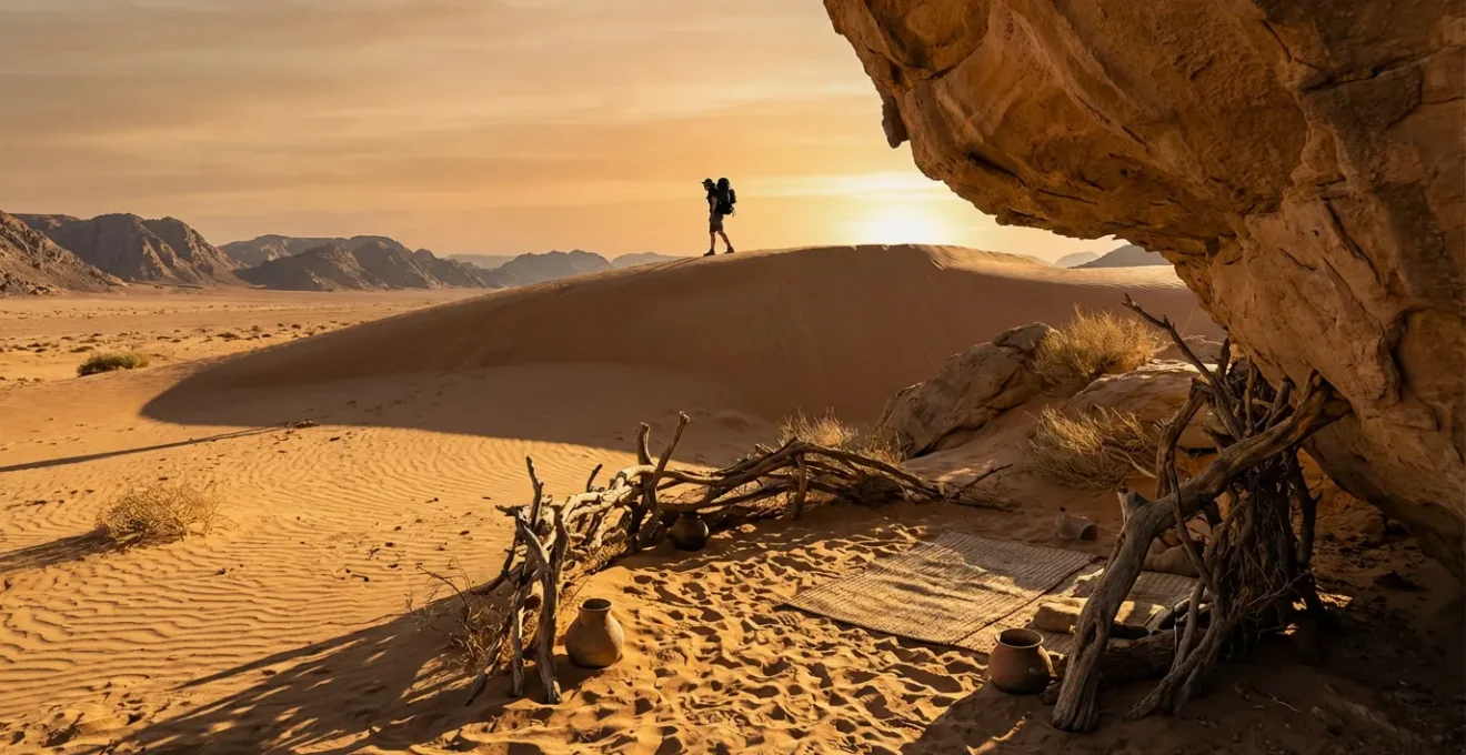 Desert survival scene with water preservation techniques in harsh arid landscape