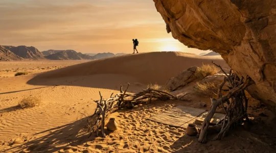 Desert survival scene with water preservation techniques in harsh arid landscape