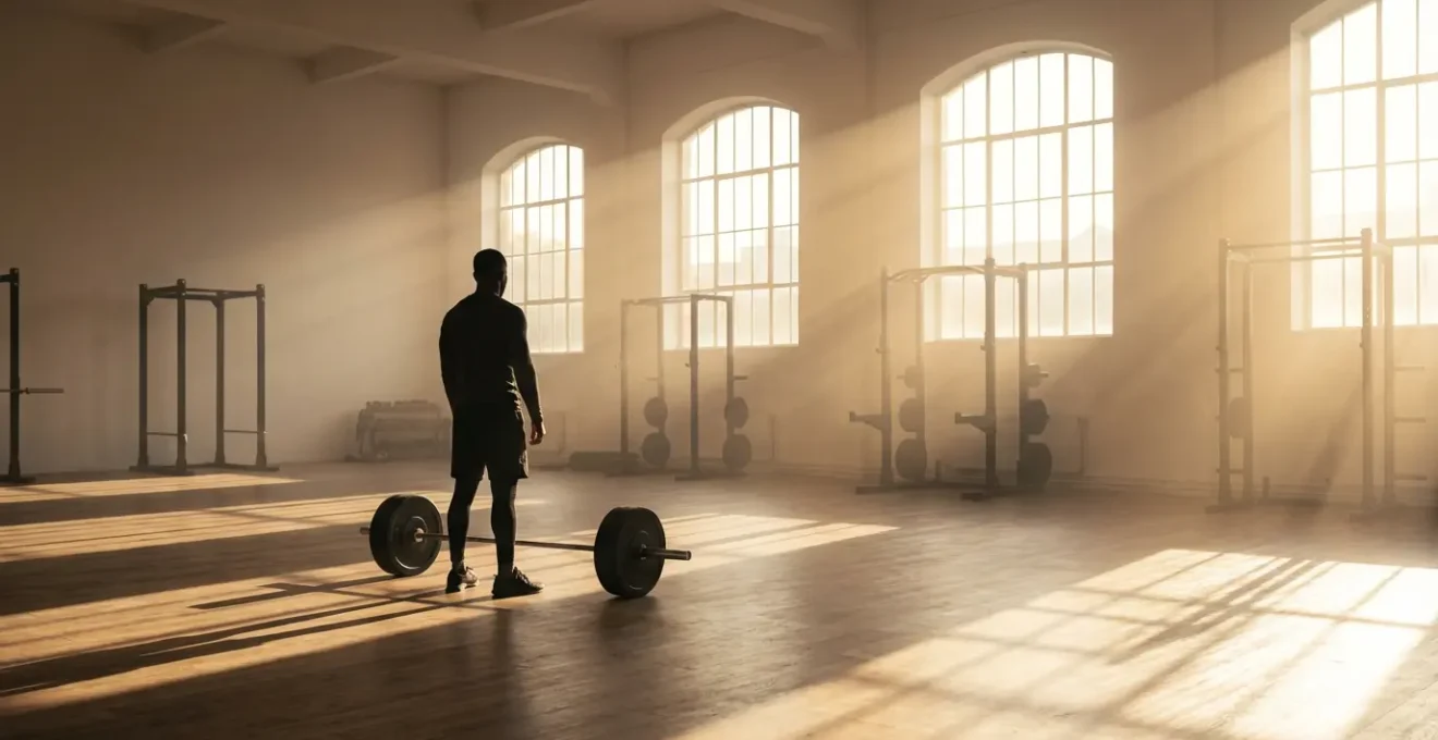 Wide shot of a solitary athlete preparing in an empty gym during golden hour, emphasizing the fresh start after a training break