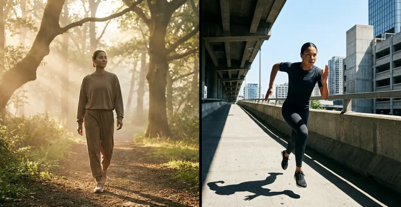 Split composition showing athlete in morning light doing gentle trail walk on left versus high-intensity sprint on right