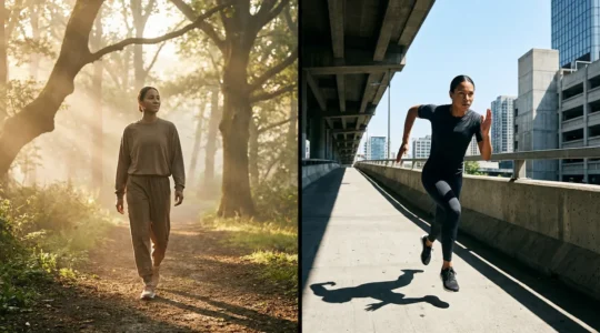 Split composition showing athlete in morning light doing gentle trail walk on left versus high-intensity sprint on right