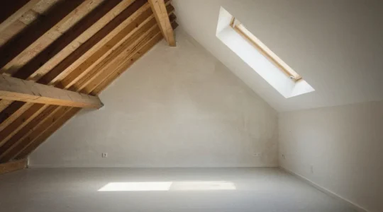 Bright converted attic living space with exposed wooden beams and skylight