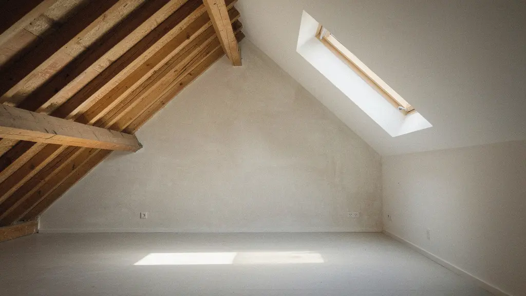 Bright converted attic living space with exposed wooden beams and skylight