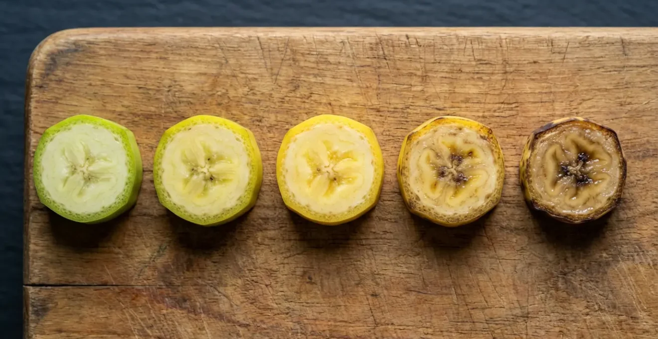 Macro photography showing banana transformation from green to spotted brown