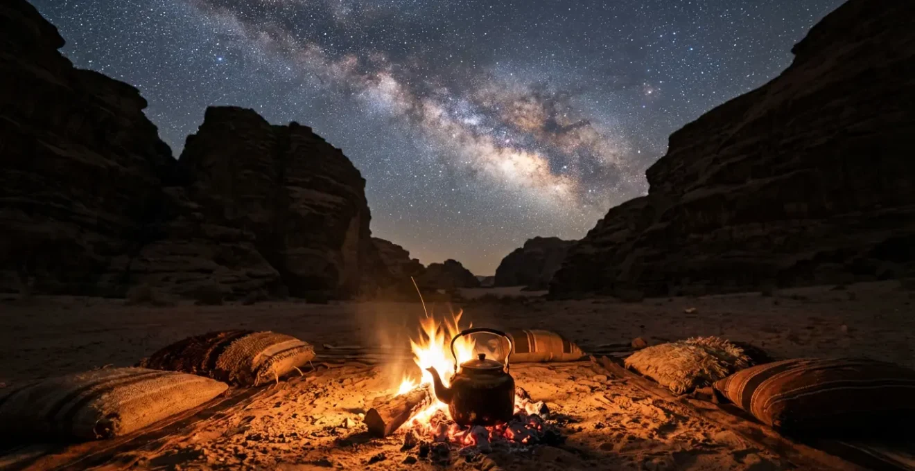 A small traditional Bedouin campfire glowing in the foreground with the spectacular Milky Way visible across the dark desert sky above sandstone silhouettes