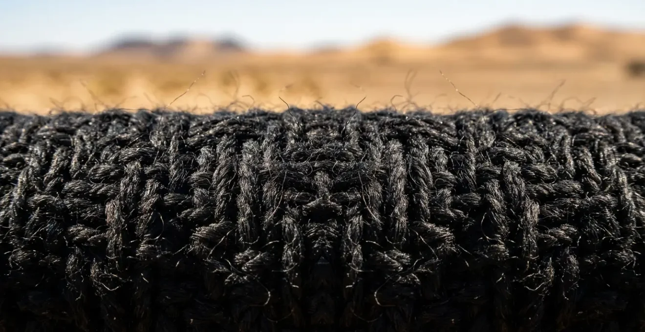 Close-up of traditional black wool Bedouin robes in desert sunlight