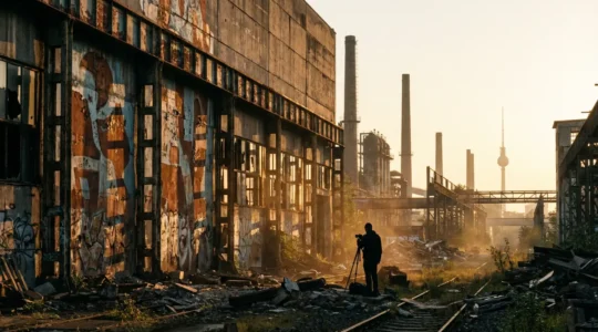 Atmospheric view of an abandoned Berlin industrial complex with graffiti-covered walls and dramatic lighting