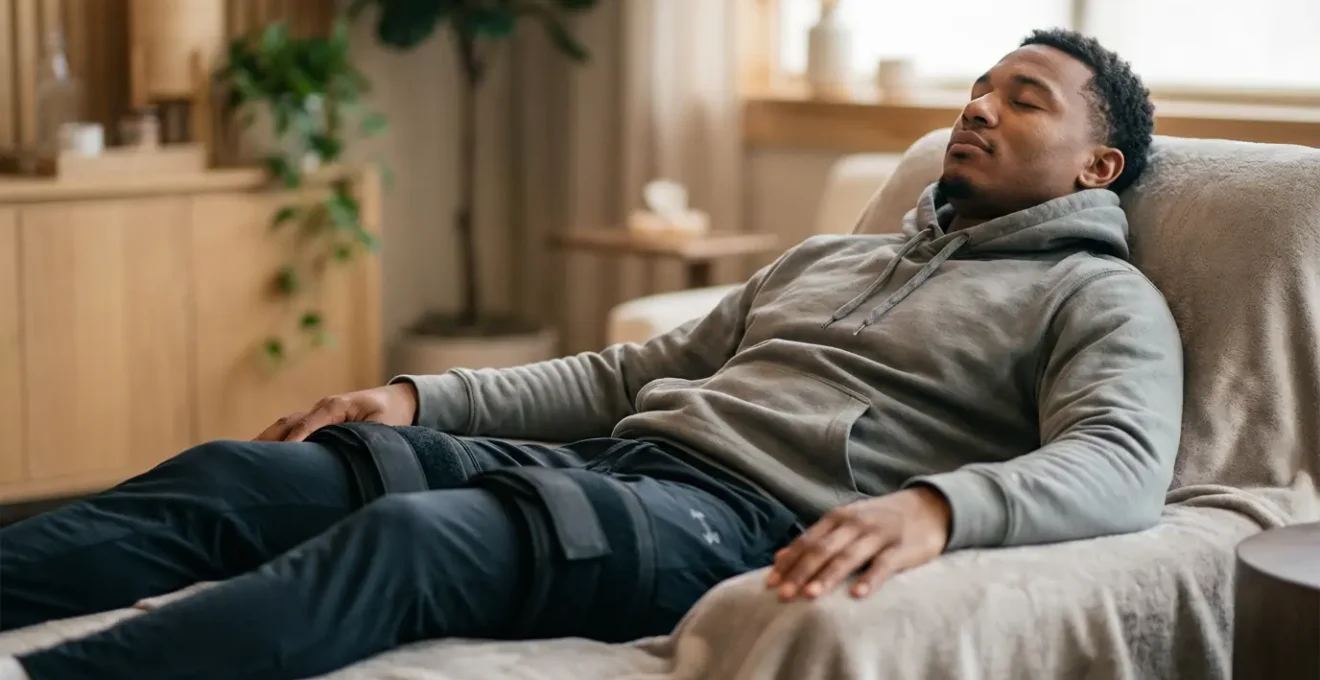 Athlete in recovery position with BFR cuffs during passive recovery