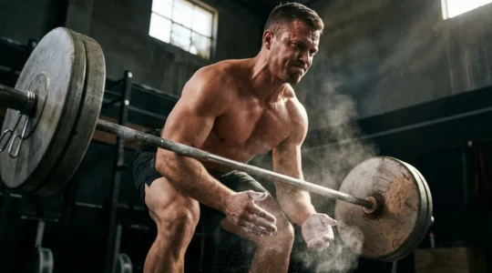 Natural athlete performing heavy compound lift demonstrating systemic muscle activation