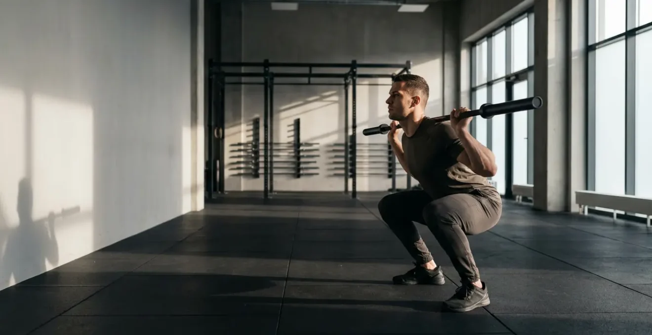 Athlete performing compound barbell exercise in modern gym with dramatic lighting