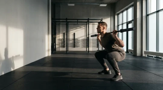 Athlete performing compound barbell exercise in modern gym with dramatic lighting