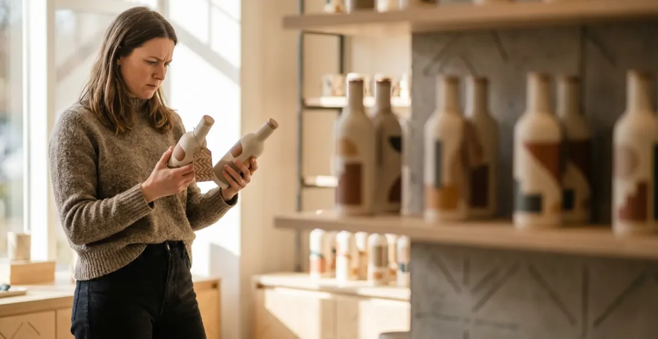 Consumer examining eco-certified products in modern retail environment with natural light