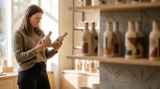 Consumer examining eco-certified products in modern retail environment with natural light