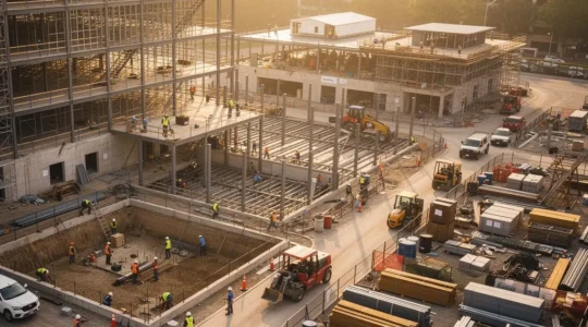 Construction site showcasing efficient project management with workers coordinating activities