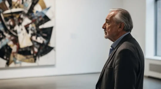 A traditional art collector contemplating a modern conceptual art installation in a minimalist gallery space