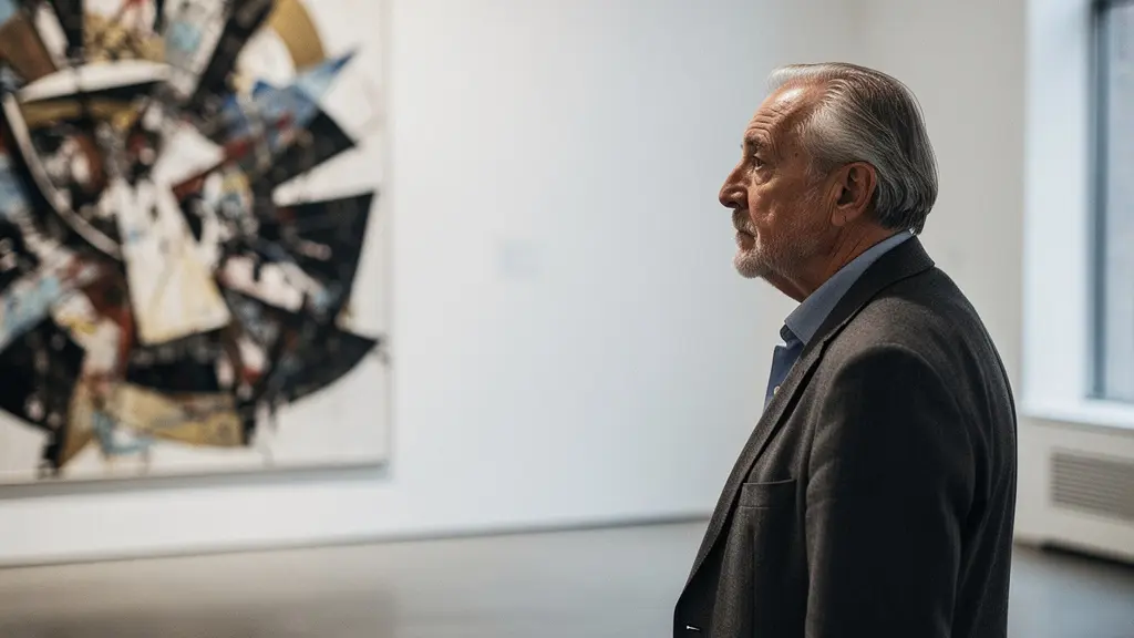 A traditional art collector contemplating a modern conceptual art installation in a minimalist gallery space