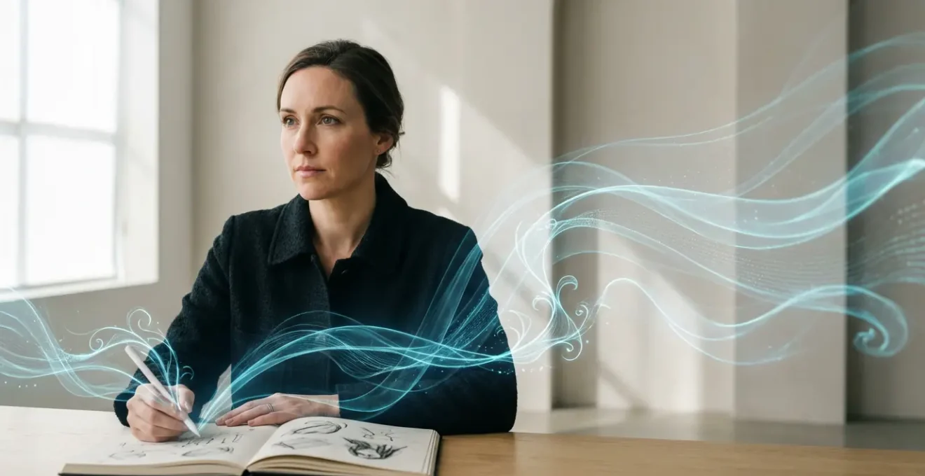 Creative professional working alongside holographic AI visualization in modern studio workspace