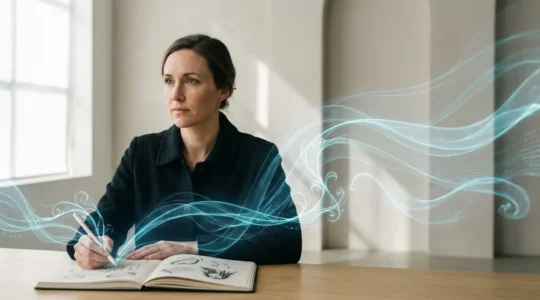 Creative professional working alongside holographic AI visualization in modern studio workspace