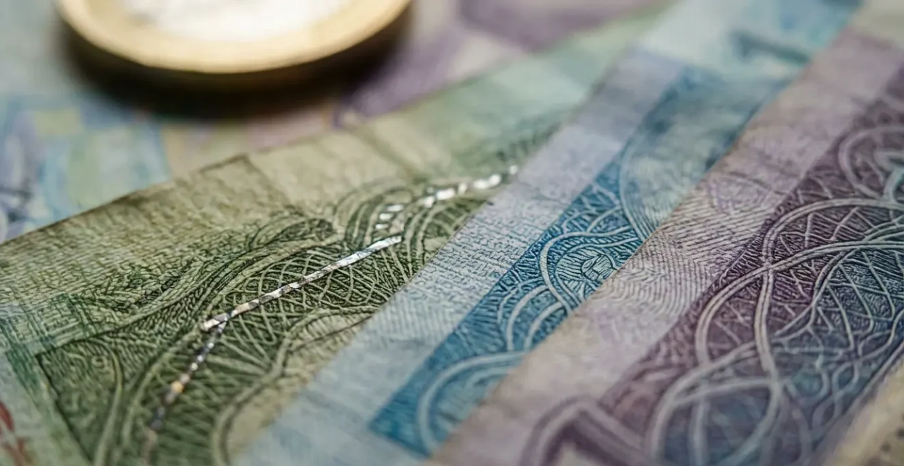 Macro shot of international currencies and gold coins representing portfolio hedging