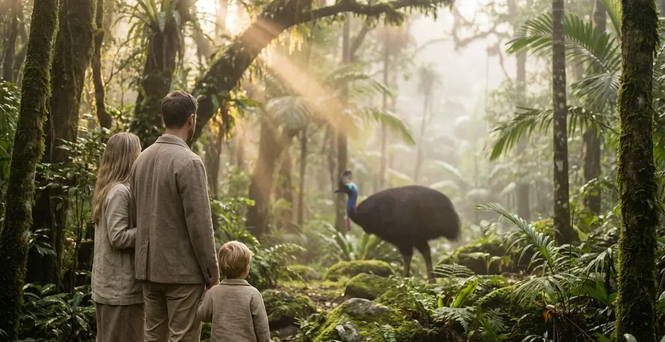 Misty Daintree Rainforest at dawn with cassowary silhouette among ancient ferns