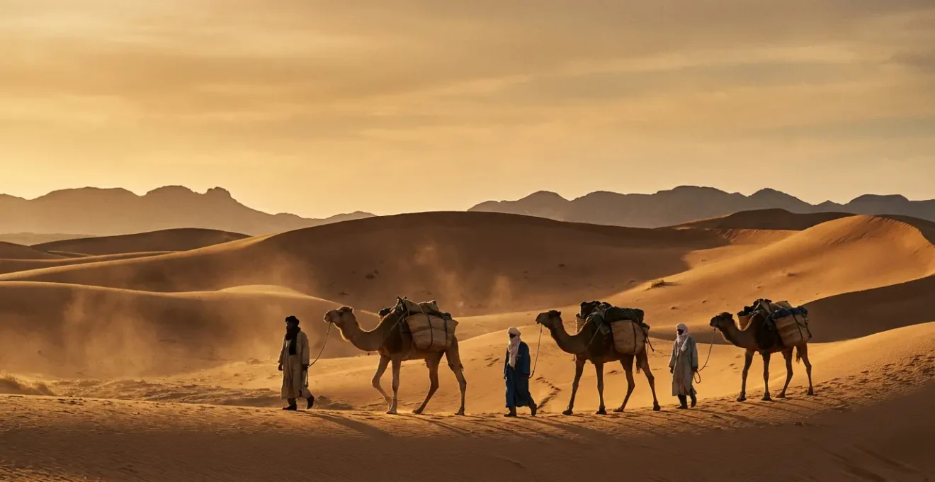 Desert nomads leading camels across sand dunes at golden hour