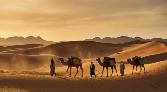Desert nomads leading camels across sand dunes at golden hour