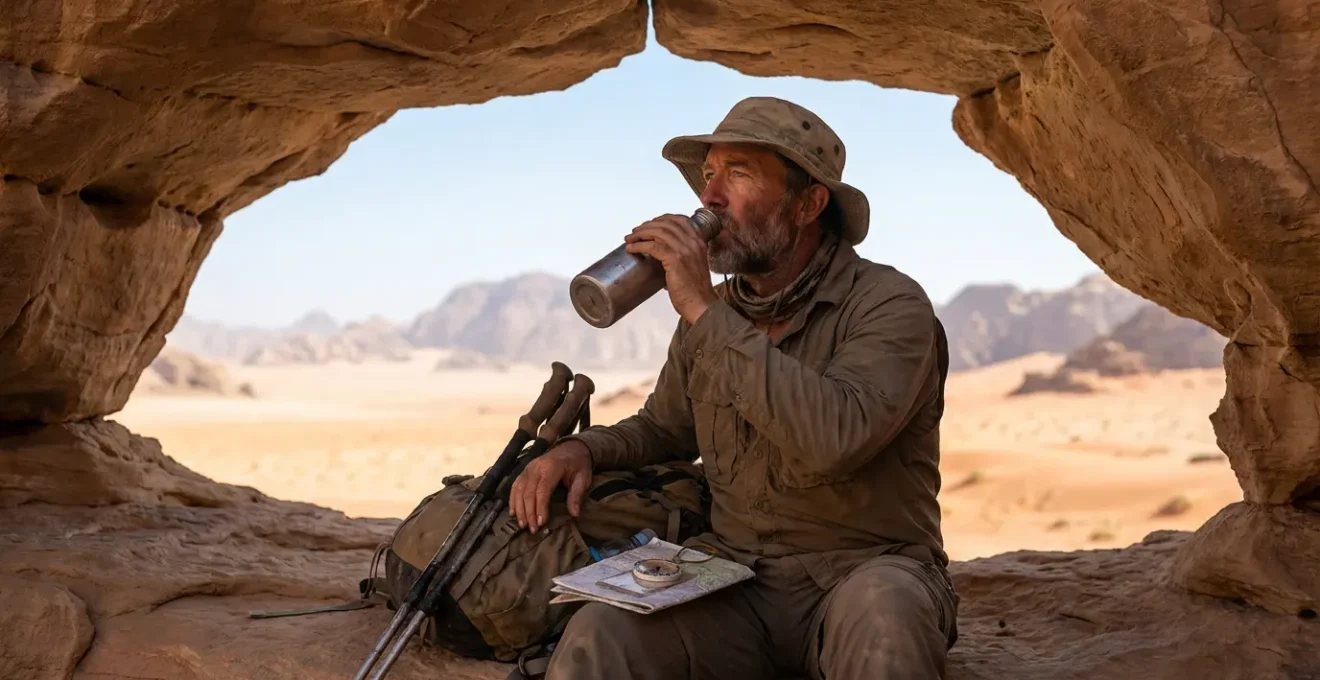 A hiker finds refuge from the intense midday sun in the shade of a large rock formation, demonstrating proper heat management.