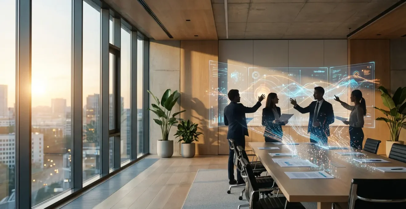Business executives analyzing digital transformation data on holographic interfaces in modern office setting