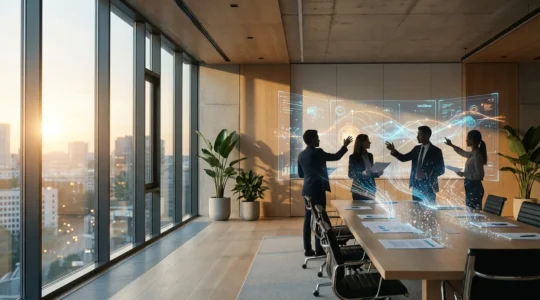 Business executives analyzing digital transformation data on holographic interfaces in modern office setting