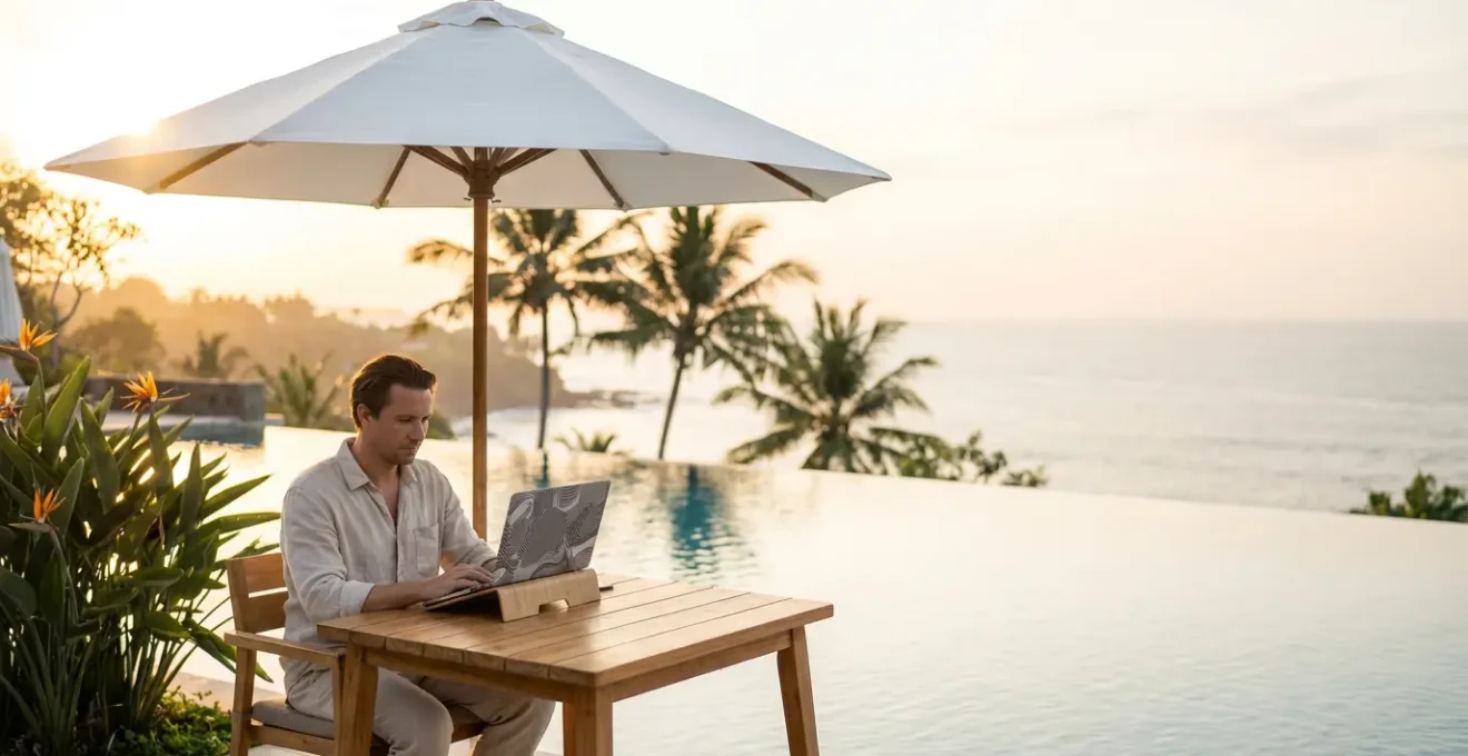 Digital nomad working remotely from a tropical poolside location with laptop and financial documents