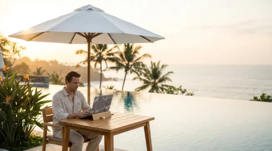 Digital nomad working remotely from a tropical poolside location with laptop and financial documents
