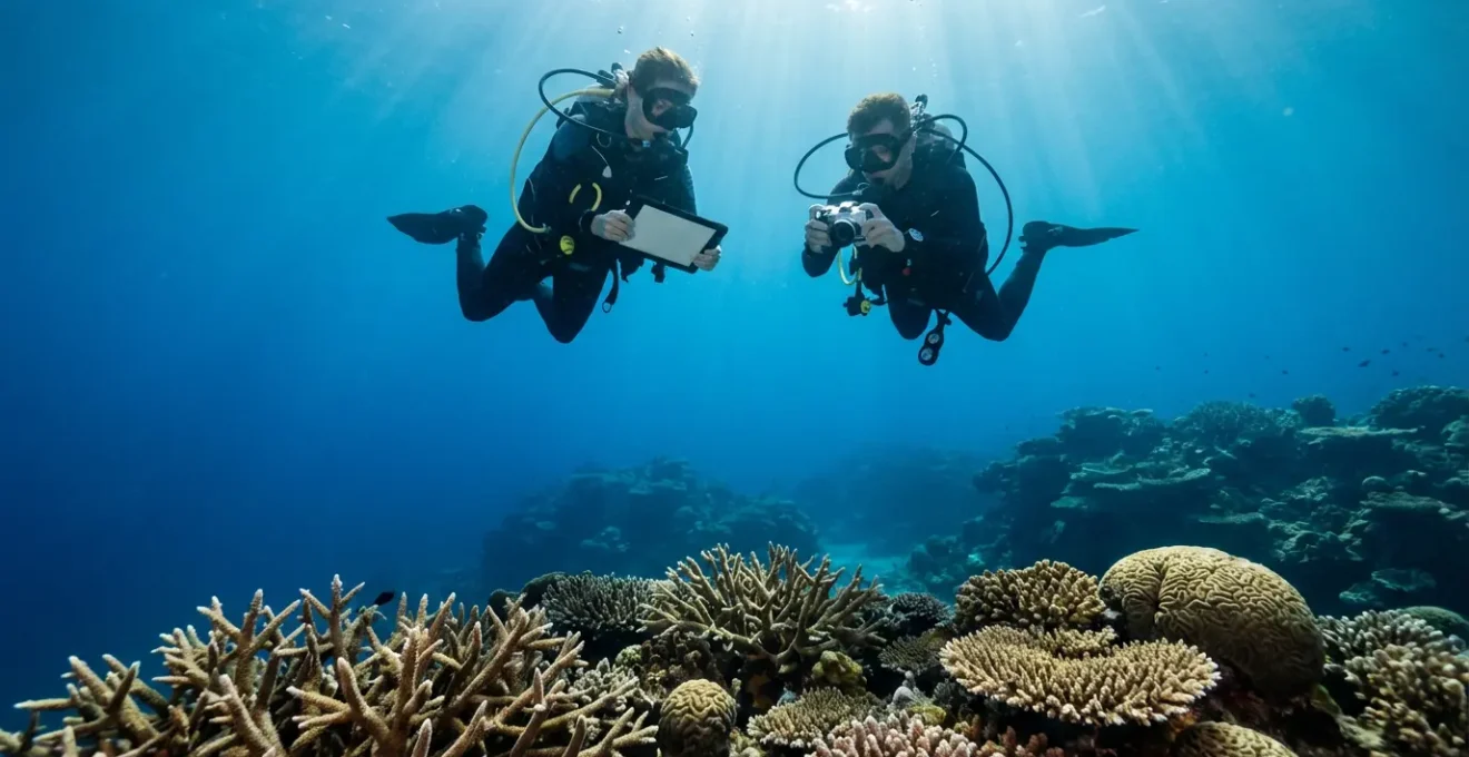 Scuba divers participating in coral reef restoration and conservation activities underwater