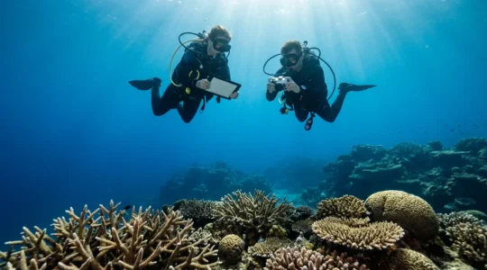 Scuba divers participating in coral reef restoration and conservation activities underwater
