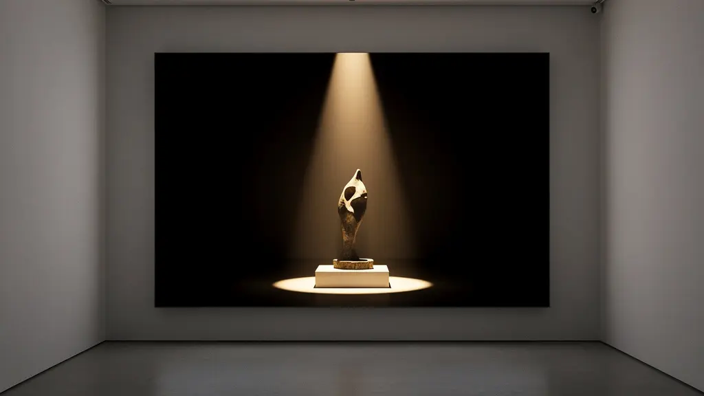 Museum gallery showing contrast between spotlit sculpture and ambient-lit paintings