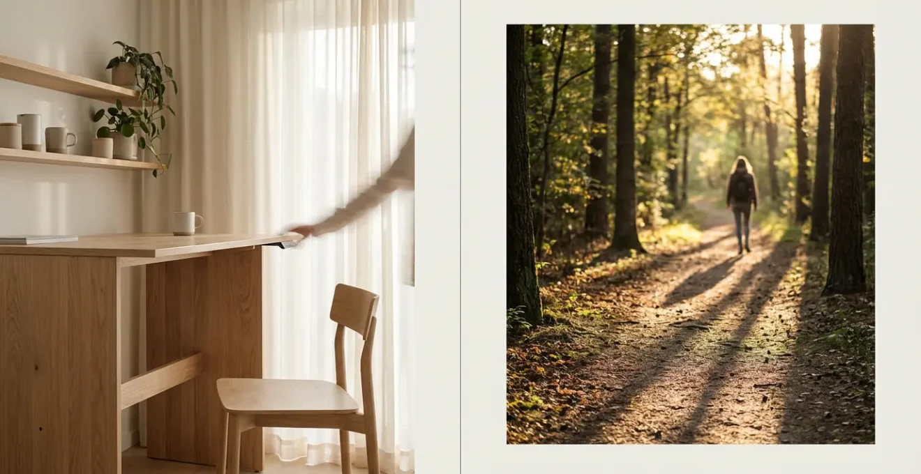 Split scene showing morning home office with treadmill desk and an evening forest walking path