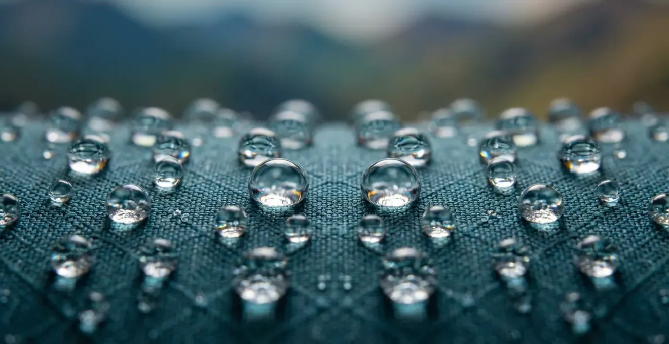Water droplets beading perfectly on restored DWR coating of technical shell jacket