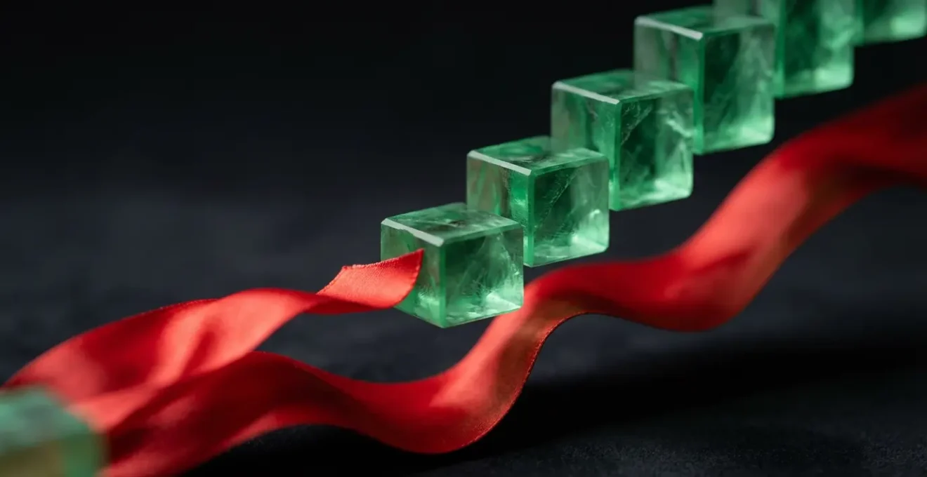 Close-up macro shot of ascending price candles with a dynamic trailing stop line following below