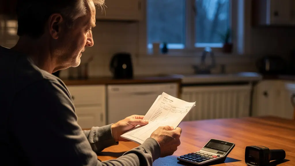 Homeowner reviewing energy bills with thermal camera showing heat loss patterns on tablet