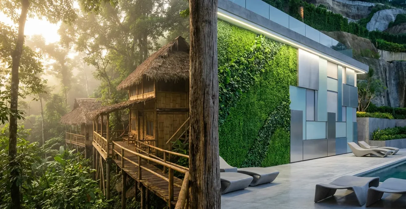 Split composition showing authentic eco-lodge in natural setting versus greenwashed resort with artificial elements