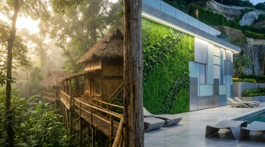 Split composition showing authentic eco-lodge in natural setting versus greenwashed resort with artificial elements
