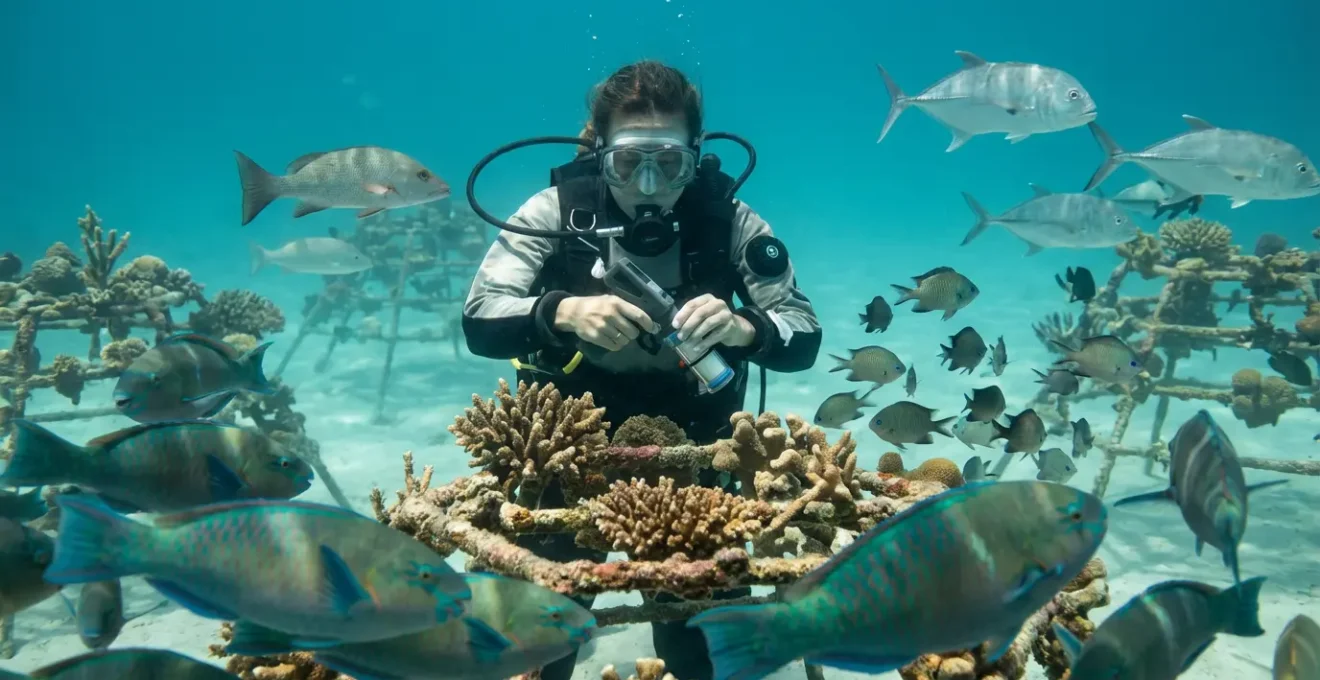 Wide underwater view showing various fish species colonizing a restored coral frame structure at different depths