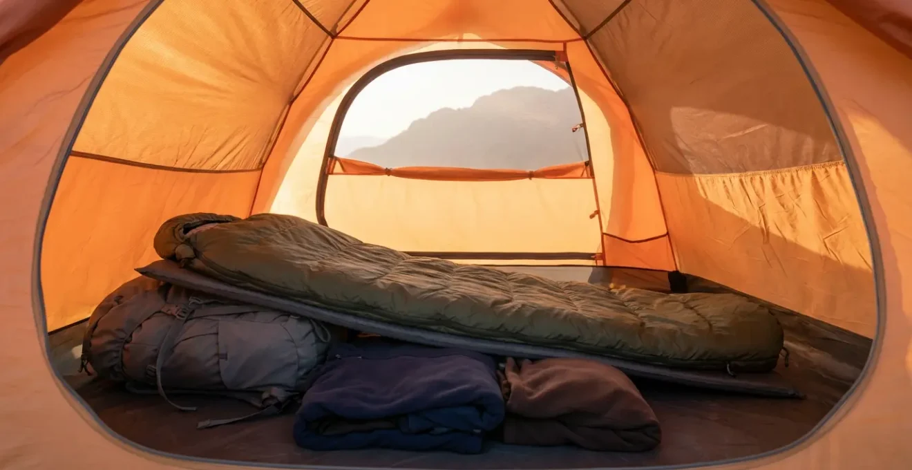 Sleeping arrangement inside mountain tent with elevated torso position
