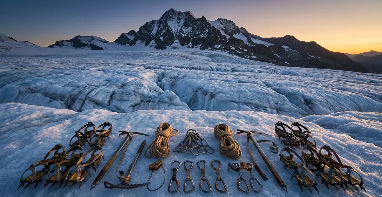 Technical mountaineering equipment arranged systematically on glacial ice at dawn, showcasing essential gear for high-altitude climbing