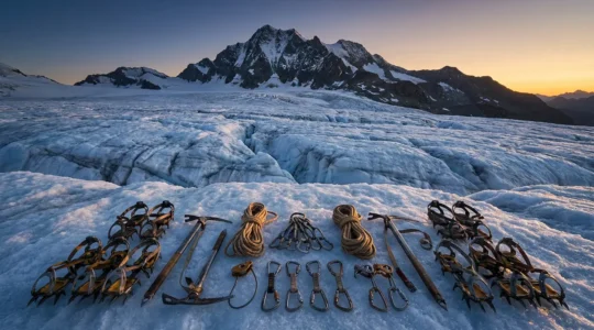 Technical mountaineering equipment arranged systematically on glacial ice at dawn, showcasing essential gear for high-altitude climbing