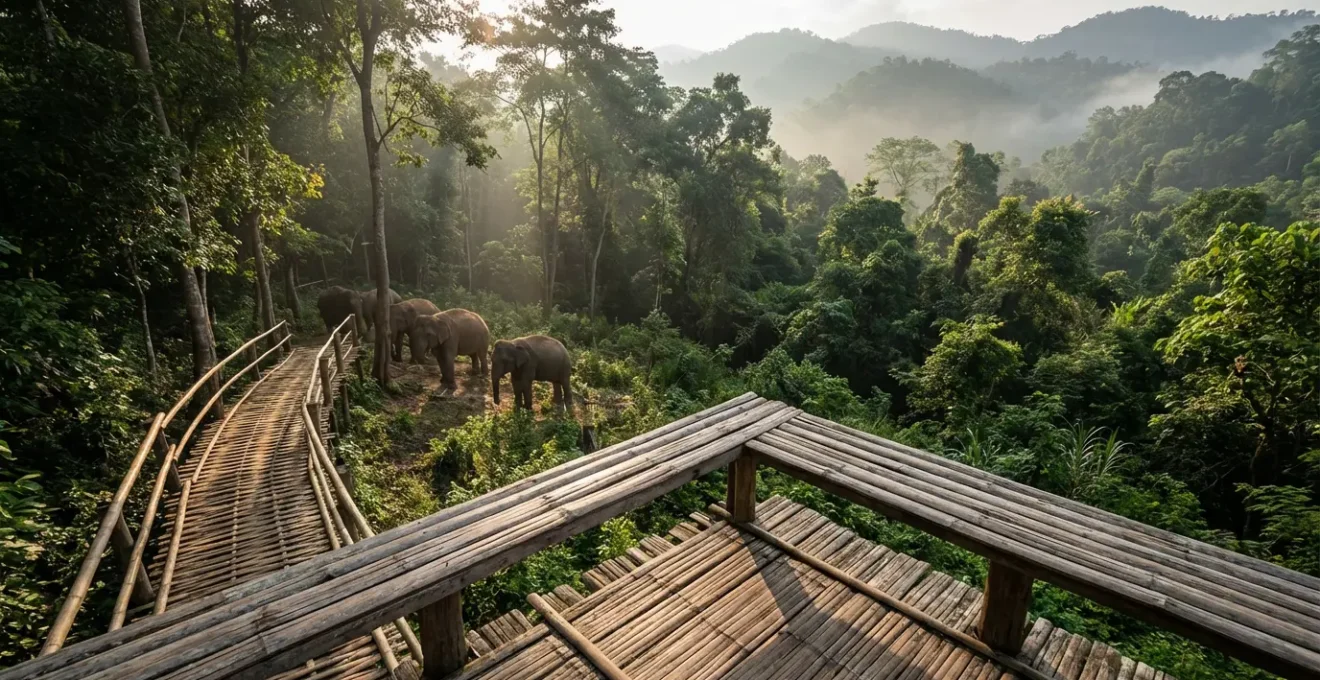 Elevated wooden observation platform overlooking natural elephant habitat with free-roaming elephants