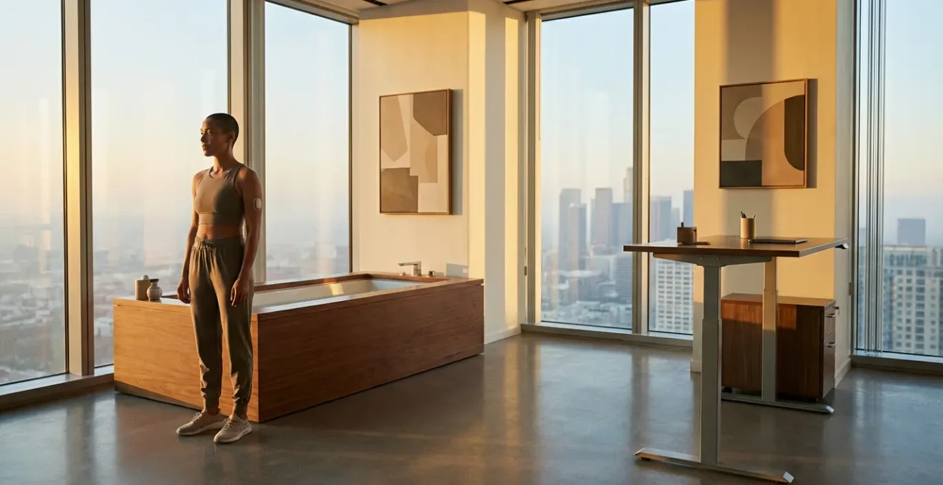 Executive in modern office using biohacking tools for cognitive enhancement